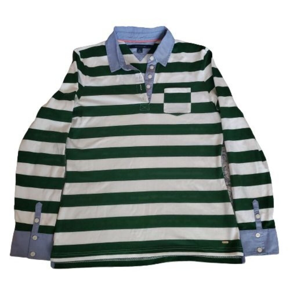 Tommy Hilfiger Women's Collared Striped Pocket Long Sleeve Polo Shirt Medium - Picture 4 of 12